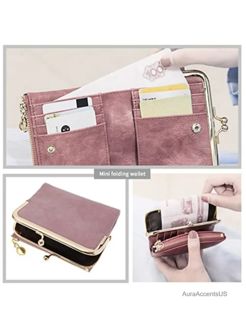 PU Leather Bifold Wallet with Zipper and Kiss Lock